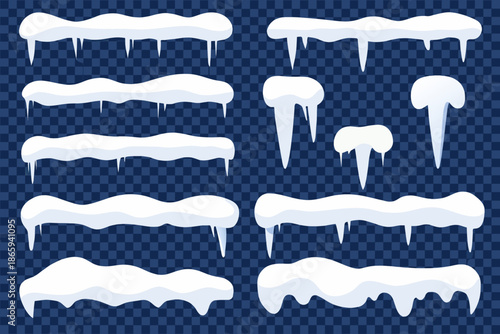A collection of various white icicles and snow drifts on transparent background