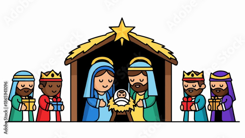 Stylized nativity scene with Mary, Joseph, baby Jesus, and three kings with gifts