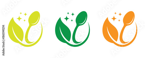 Vibrant eco friendly logo designs for sustainable brands and businesses. Vibrant leaf and spoon logos. A set of modern, conveying freshness and health. 