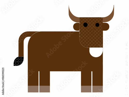 A simplistic brown cartoon bull with large horns and a white marking