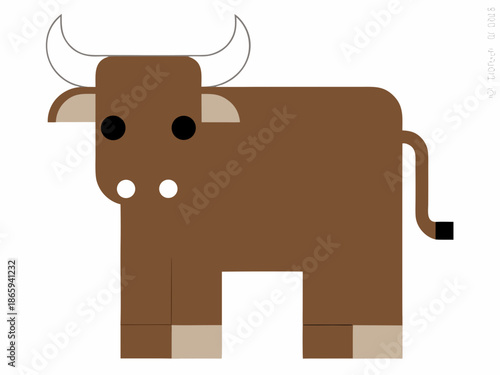 Simple illustration of a brown bull with large curved horns stylized design
