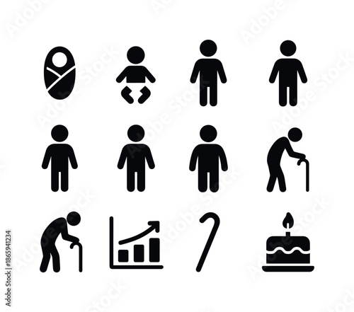 Life Stages Icons. Life stages. Solid icon set of life stages: newborn, infant, child, adolescent, young adult, adult, middle-aged, senior, elderly, growth