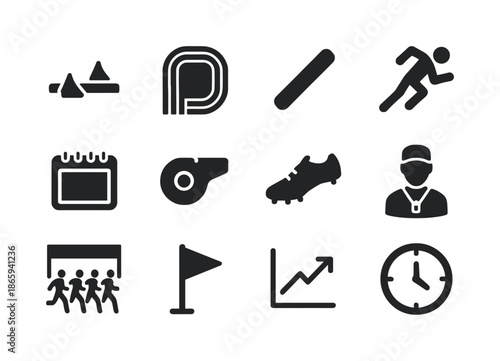 Track Running Icons. Track running. Solid icon set of Track running: starting blocks, track lanes, baton icon, sprint icon, lap counter, track whistle, spikes