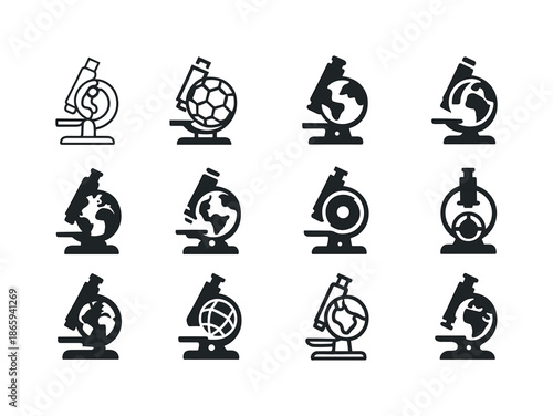 Climate Research Icon Set. Climate Change Scientific Research. Icon set. Set Logo of Climate Change Scientific Research: microscope and planet. harmonious logo