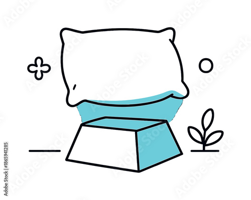 Floating Minimalist Cushion. Minimalist cushion. A single pillow floats above a geometric base; soft edges and shadows suggest comfort. Calm accents surround