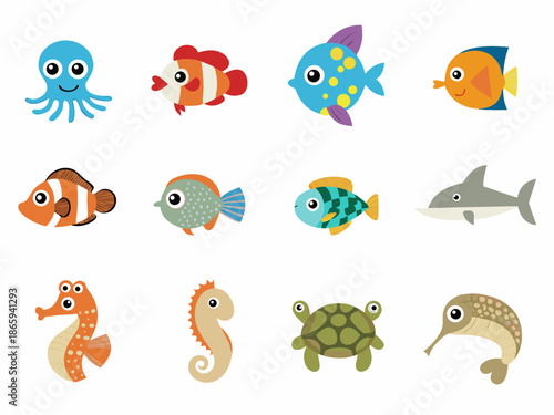 Colorful cartoon illustration of various marine creatures and sea life