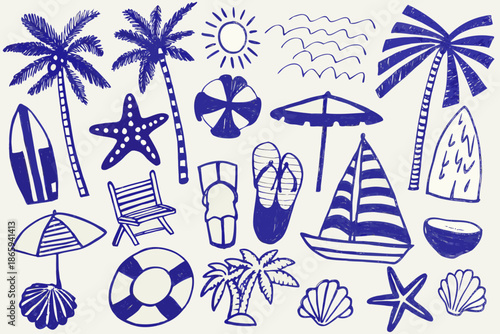A collection of hand drawn summer elements beach sun and tropical vibes