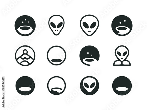 Martian Logo Collection. martian. Icon set. Set Logo of martian: crater emblem. harmonious logo variations of the same emblematic concept, each with different