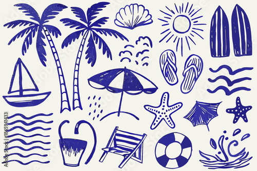 Blue and white summer doodles featuring beach elements and tropical motifs