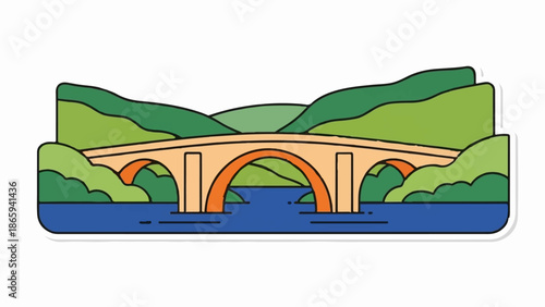 Stone bridge arches over a blue river, with green hills forming a backdrop