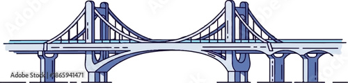 Stylized suspension bridge structure with blue and white accents, supported by pillars