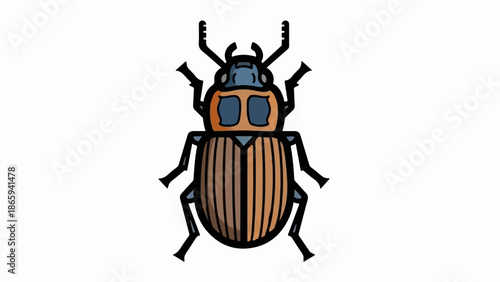 Stylized illustration of a colorful beetle with brown and blue segments and black legs
