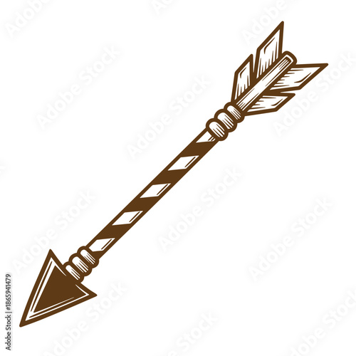 Brown arrow with feathers and triangular tip  isolated on white background