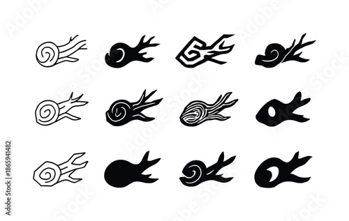 Driftwood Icon Set. Driftwood. Icon set. Set Logo of driftwood: gnarled end knot. harmonious logo variations of the same emblematic concept, each
