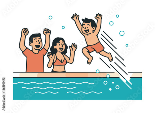 Child's Joyful Pool Jump. Pool day excitement. Parents cheer as a child leaps off the edge into bright water; motion lines catch the dynamic jump. Bubbles