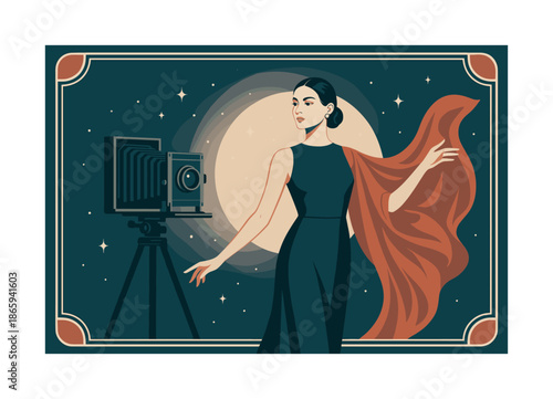 Vintage Fashion Elegance. Fashion photography with vintage props. Model posing with flowing fabric beside an antique camera; soft spotlight glow. Floating