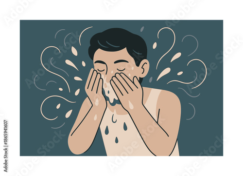 Refreshing Face Wash. Face washing. A person gently splashing water on their face; curved motion lines suggesting soothing care. Floating drops and soft steam