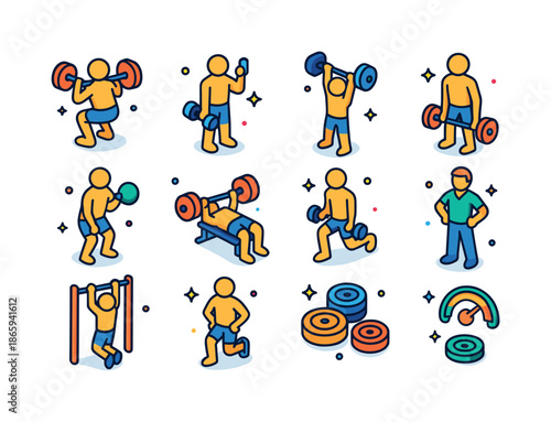 Colorful Weightlifting Icons. Figure lifting weights. Colorful isometric vector icons set of figure lifting weights: barbell squat, dumbbell curl, overhead
