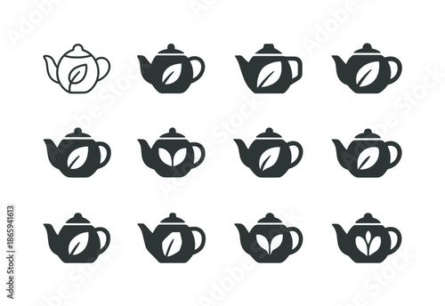 Teapot Logo Variations. Teapot. Icon set. Set Logo of teapot: tea leaf motif. harmonious logo variations of the same emblematic concept, each with different