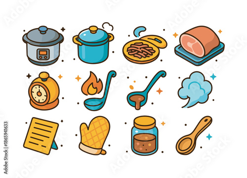 Slow Cooked Pork Icons. Slow cooked pork. Colorful isometric vector icons set of Slow cooked pork: slow cooker appliance, stew pot with lid slightly open,