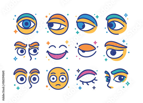 Eye Contact Icons. Eye contact. Colorful isometric vector icons set of eye contact: looking directly, avoiding gaze, glancing sideways, focused eyes, smiling