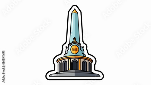 Stylized obelisk monument with arched base and a circular emblem