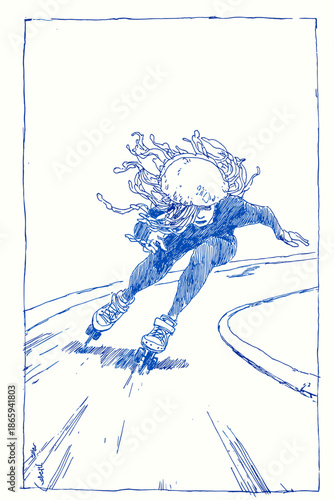 Quirky character rollerblading with a jellyfish in a whimsical setting