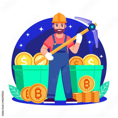 Flat style illustration showing bitcoin mining with tool