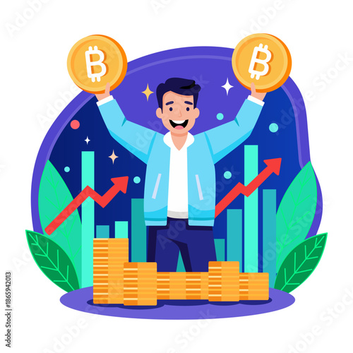 Flat style illustration showing happy investor checking profits