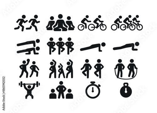 Group Workout Icons. Group workouts. Solid icon set of group workouts: people running, yoga group, cycling team, push-ups, squat, plank, aerobics, stretching,