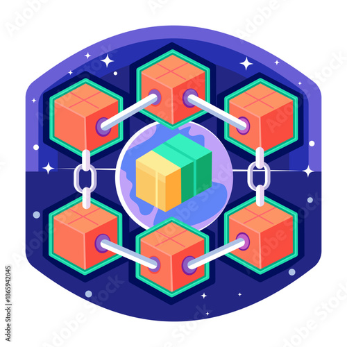 Flat style illustration showing blockchain network