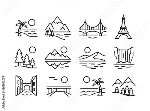 Travel Icon Set. Travel backdrops. Line icon set of Travel backdrops: beach sunset, mountain peak, city bridge, iconic tower, forest clearing, lake reflection,