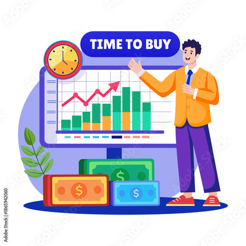 A flat style illustration representing buying stocks