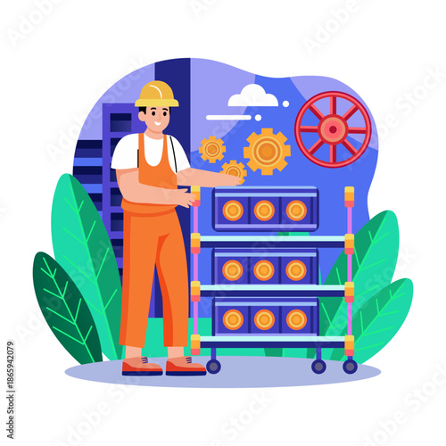 Flat style illustration showing bitcoin process