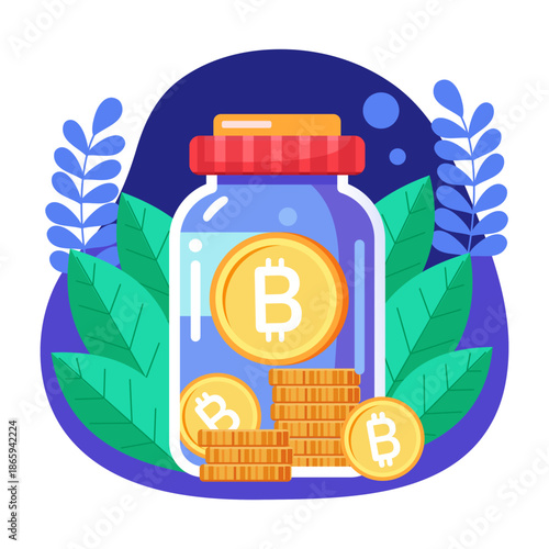 A flat style illustration representing bitcoin currency jar