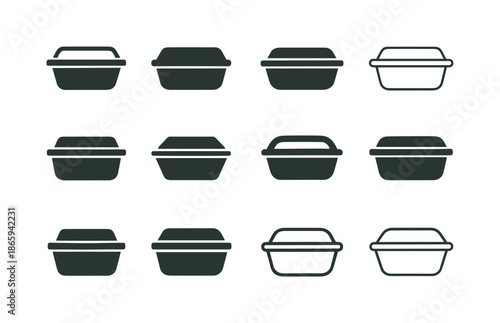 Food Packaging Icons. Food packaging. Icon set. Set Logo of food packaging: plastic container with snap lid. harmonious logo variations of the same emblematic