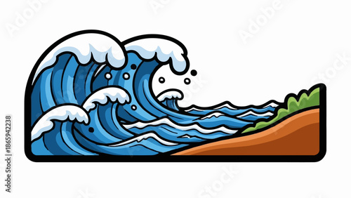 Stylized ocean waves crash onto a sandy shore with green foliage