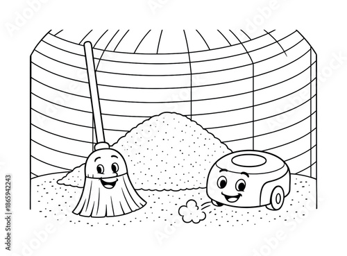 Happy Cleaning Helpers. Silo interior cleaning scene children?s coloring book illustration, outlined drawing, smiling broom and vacuum robot cleaning the grain