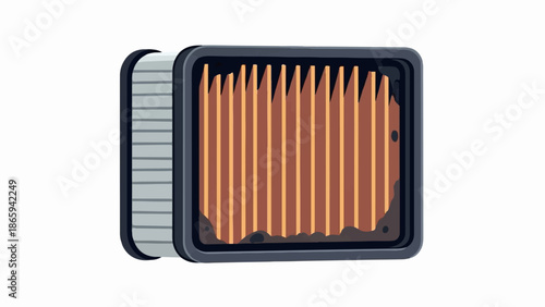 Stylized illustration of a dirty, rectangular air filter with folded paper