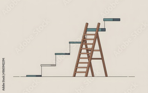 Staircase with ladder leading to floating steps on beige background