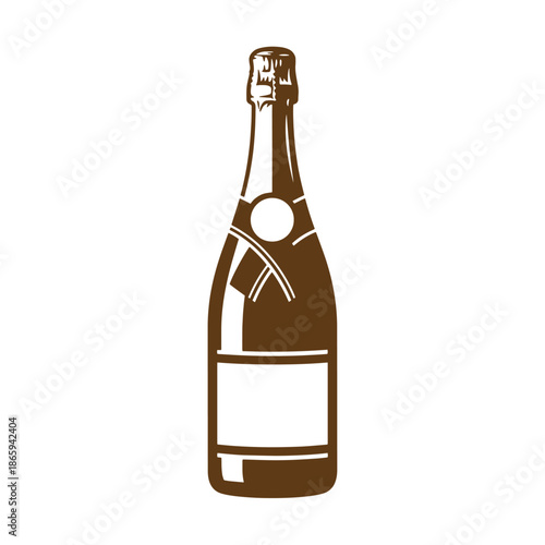 Brown champagne bottle with cork and ribbon on transparent background