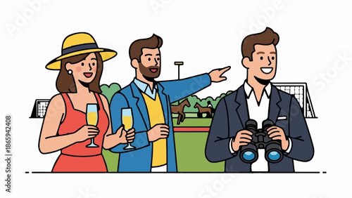 Stylish people observe a horse race, one with binoculars, enjoying drinks
