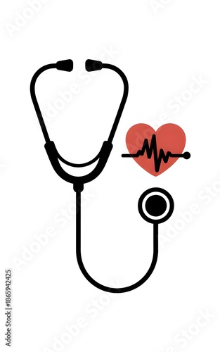 Medical stethoscope and heart symbol with ECG line