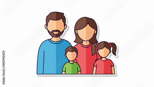 Stylized illustration of a diverse family group, with parents and two children rendered in flat, colorful design