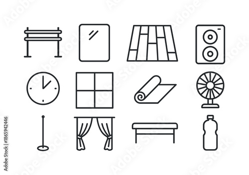 Dance Studio Icons. Dance studio. Line icon set of Dance studio: barre, mirror, wooden floor, speaker, clock, window, yoga mat, fan, ballet pole, curtains,