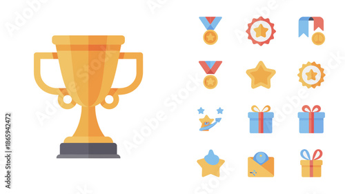 Gold trophy cup with ribbon icon for award and victory celebration