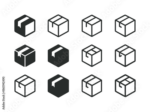 Sealed Parcel Logos. Sealed parcel. Icon set. Set Logo of sealed parcel: corner-protected box. harmonious logo variations of the same emblematic concept, each