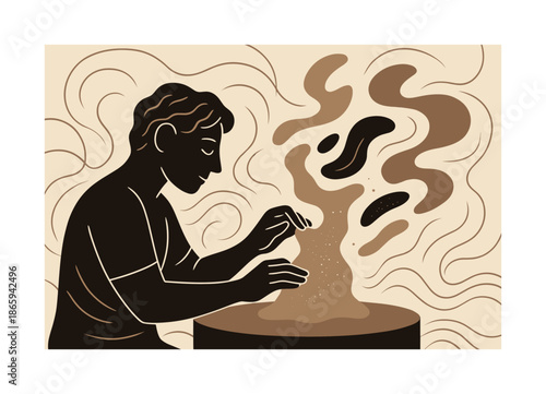 Abstract Clay Transformation. Sculptural imagination. A figure shaping clay that morphs into floating abstract forms; spark particles marking texture. Curved