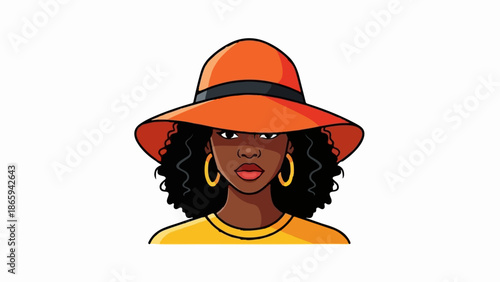 Stylish woman with curly hair wearing an orange hat and yellow top, with large hoop earrings