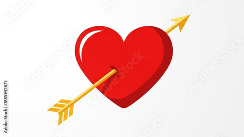 Red Heart Shot by Golden Arrow on White Background
